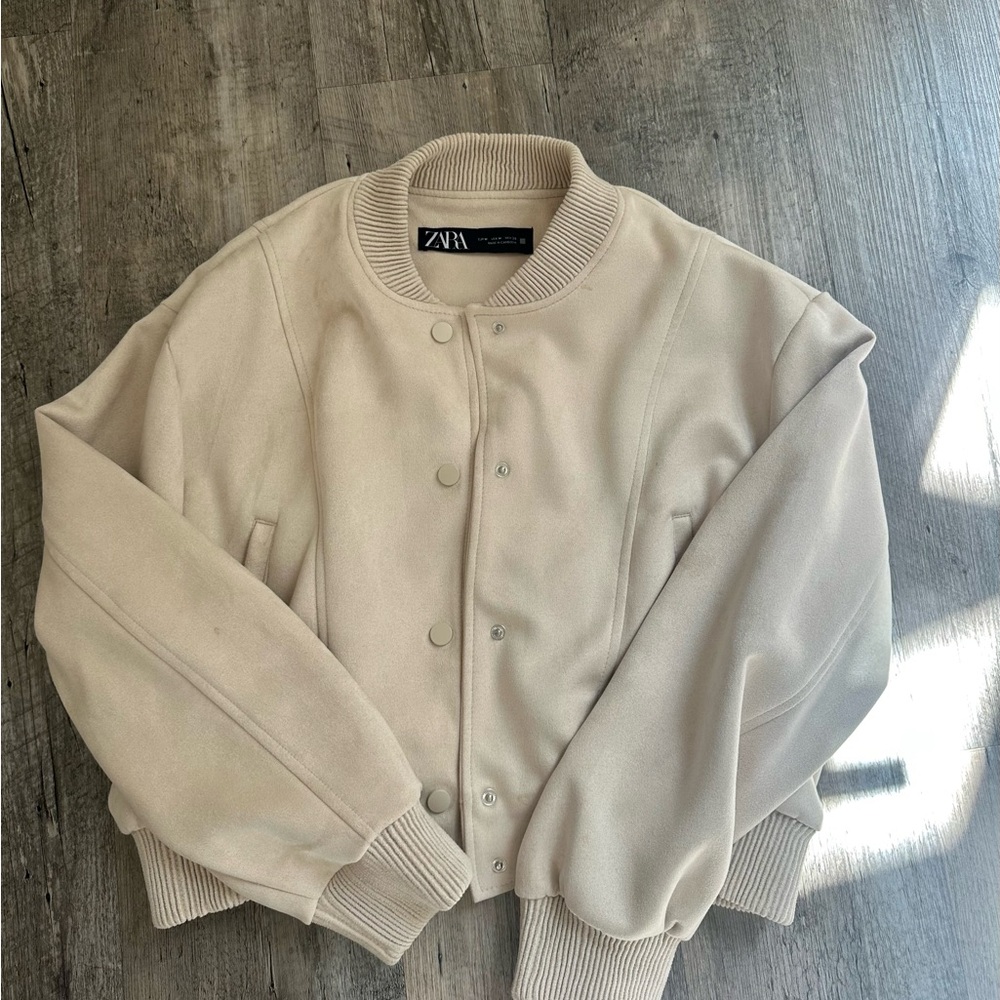 ZARA Neutral Cream Ribbed Collar Jacket